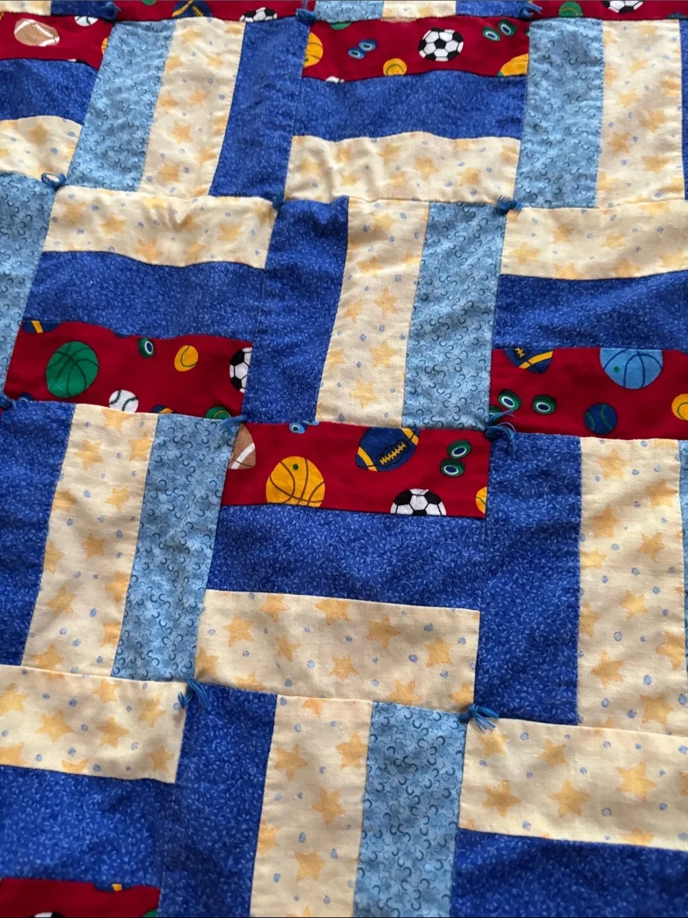 Handmade Sports Patchwork Quilt - Red, Blue, Yellow